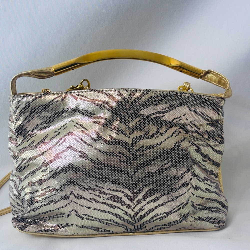80s Vintage Gold‎ and Black Leather Tiger Stripe Bag New